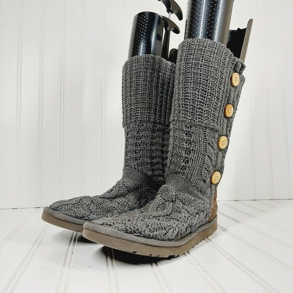 UGG Australia Womens Gray Button Cable Knit Leland Fold Over Boot 1000464 I181 - Picture 2 of 11